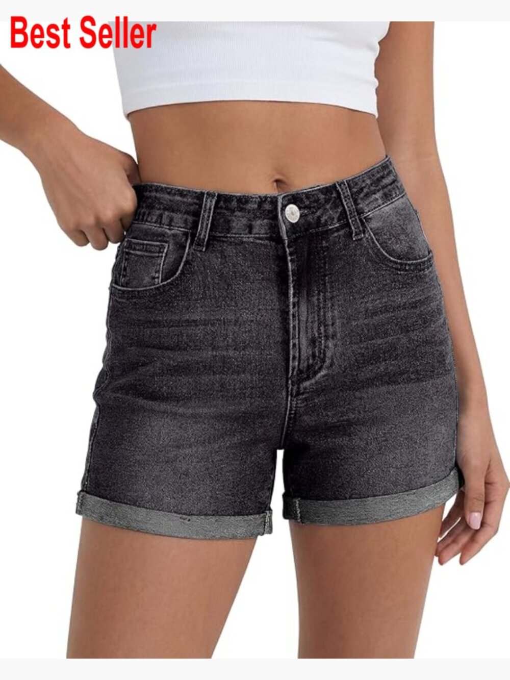 High Waisted Denim Shorts With Cuffed Hem Stretchy Comfortable Casual